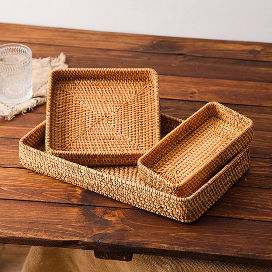 Retro Vietnamese handmade rattan rectangular buns storage basket snacks snack tray fruit basket
