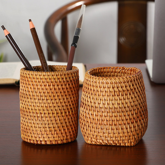 Vietnamese Autumn Rattan Weaving Tea Ceremony Accessories Storage Stationery Makeup Pen Holder Storage Box Brush Holder Small Woven Jar Rattan Craft