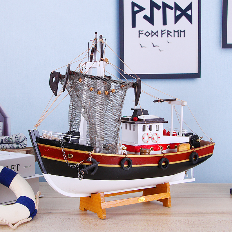 Simulation fishing boat model swing piece Mediterranean style real wood craft boat sailing model small boat gift handicraft-Taobao