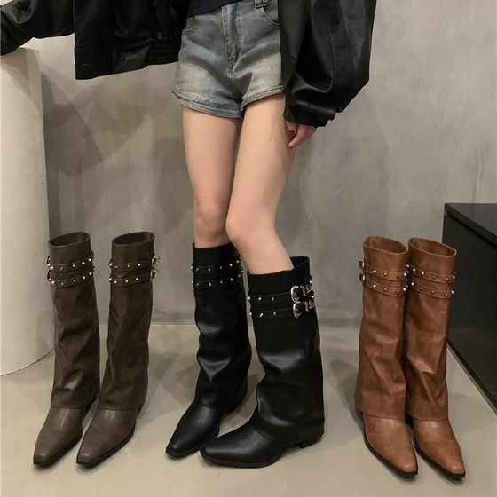 
Design-sensual American retro Willow Nail Knight Boots 2023 new Korean thick heel sleeve boots high-end fashion