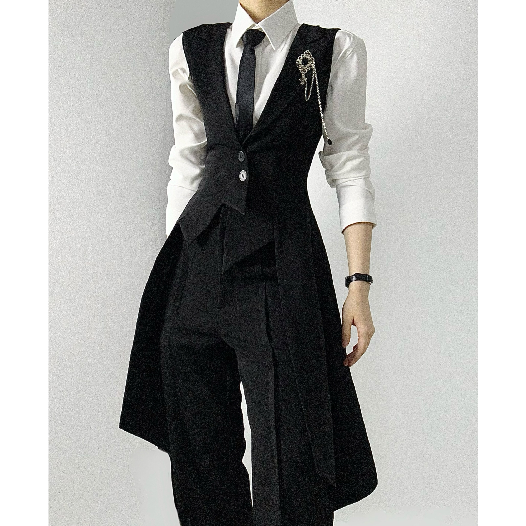 ASAE ブラックスーツ ロングベスト スリムウエスト ピークラペル スワローテール スーツベスト ユニフォーム