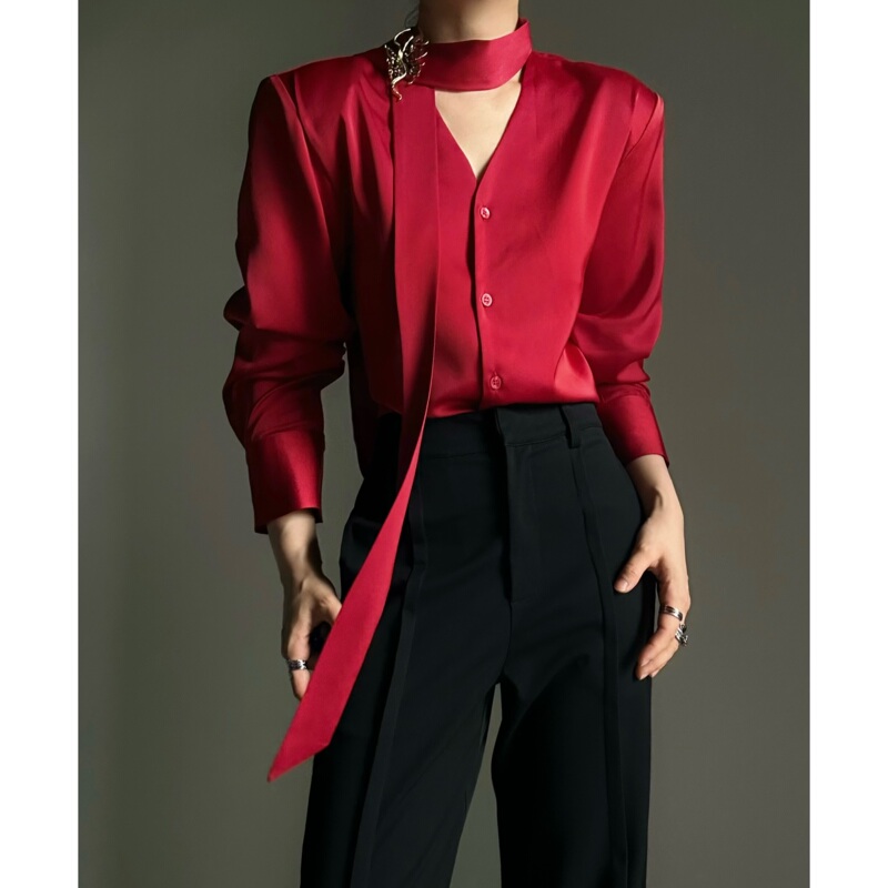 Asae V-Neck Red Shirt with Built-In Shoulder Pads, Ascetic Court Style, Unisex Ribbon Design Shirt Asae V-Neck Red Shirt with Built-In Shoulder Pads, Ascetic Court Style, Unisex Ribbon Design Shirt