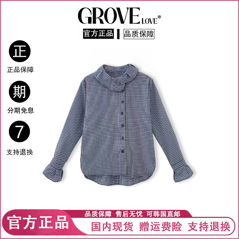 [Official Authentic Product] Korean-Style Grove Love French Retro Plaid Lace Collar Long-Sleeve Shirt New Top