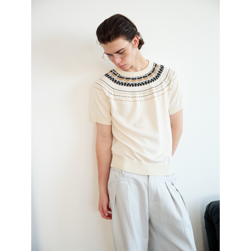 Sukchor Fair Isle Knit Wool Blend Relaxed Old Money Style Crew Neck Raglan Short Sleeves