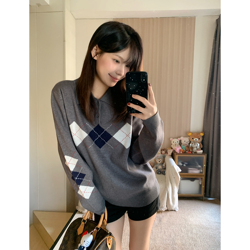 Sukchor Colorful Yarn Diamond Pattern High-Intellectual College Style Polo Collar Long-Sleeve Knit Sweater