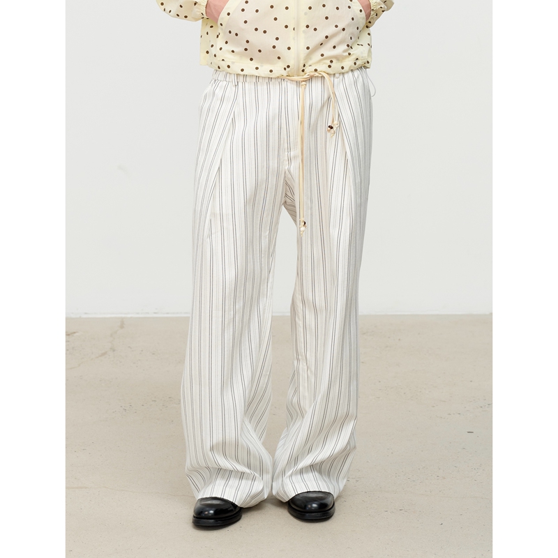 Sukchor 100% Cotton Floating Embroidery Striped Texture Pleated Holiday Style Pure Cotton Straight A-Line Casual Wide-Leg Trousers