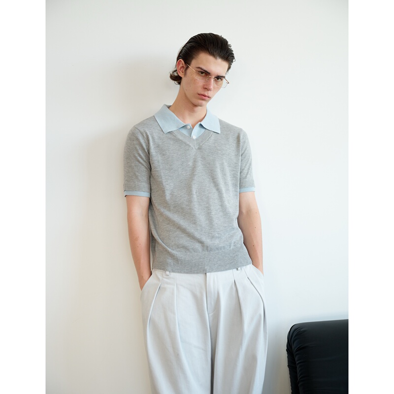 Sukchor'Blue Two-In-One' Lightweight Breathable Wool Blend High-End Academic Style Knitted Short Sleeve Sukchor'Blue Two-In-One' Lightweight Breathable Wool Blend High-End Academic Style Knitted Short Sleeve