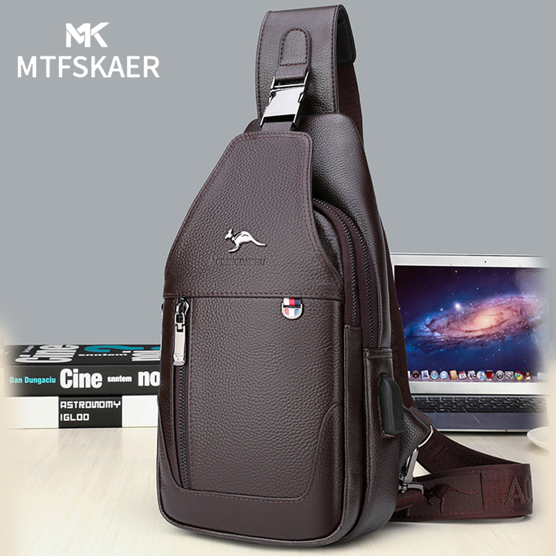Hong Kong Mtfskaer Genuine Leather Chest Bag for Men, Outdoor Crossbody Bag, Versatile Shoulder Bag, Messenger Bag, Fashionable Satchel for Men
