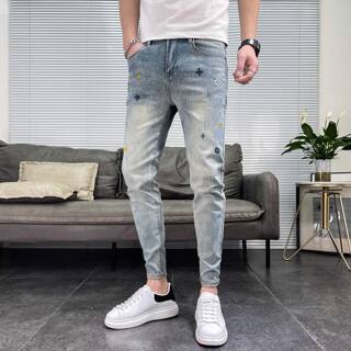 2025 spring and summer new fashion trend embroidered splash ink jeans men's trendy brand high street slim fit pencil pants thin section