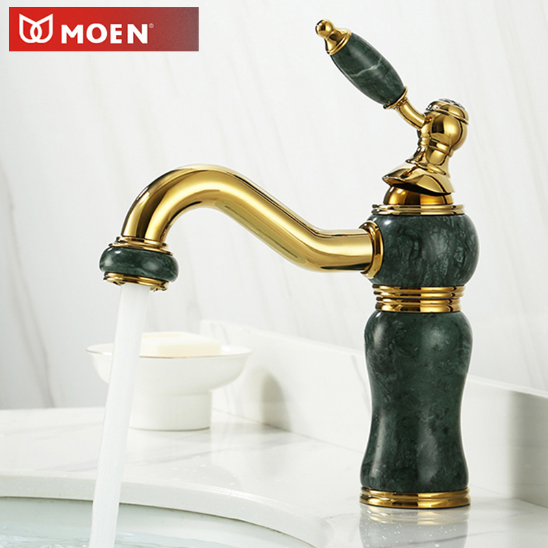Moen European-Style Bathroom Vanity Faucet, Gold-Colored Natural Jade Hot and Cold Washbasin Faucet Moen European-Style Bathroom Vanity Faucet, Gold-Colored Natural Jade Hot and Cold Washbasin Faucet