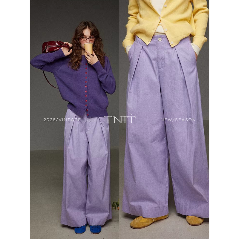 Tnit Retro Purple Suit Casual Wide-Leg Pants for Women 2026 Spring High-Waisted Loose Lazy Style Pants