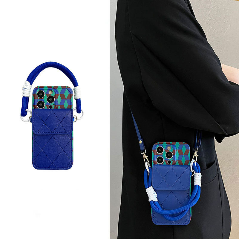 French Lulu Goya Retro Color-Block Dark Blue Card Holder with Hand Strap Suitable for Apple 17 Pro Max Phone Case iPhone 16 Women's Full Protection Anti-Drop Trendy Creative iPhone 15 Crossbody Strap14