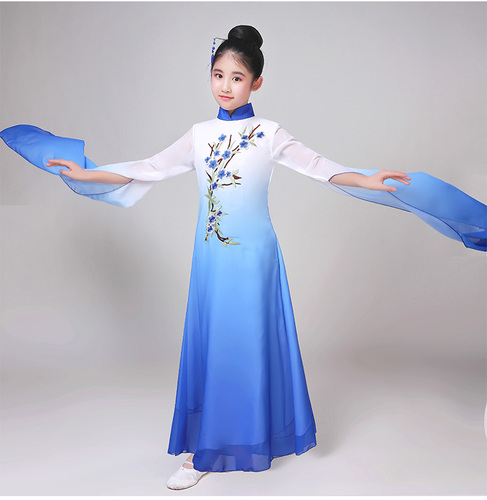 Children chinese folk dance ancient water sleeves fairy princess dresses for girl children piano and guzheng dance performance costumes for kids