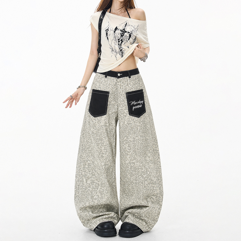 Facn Original American Retro Leopard Print Patch Pocket Jeans Unisex Loose Wide-Leg Casual Pants Trendy
