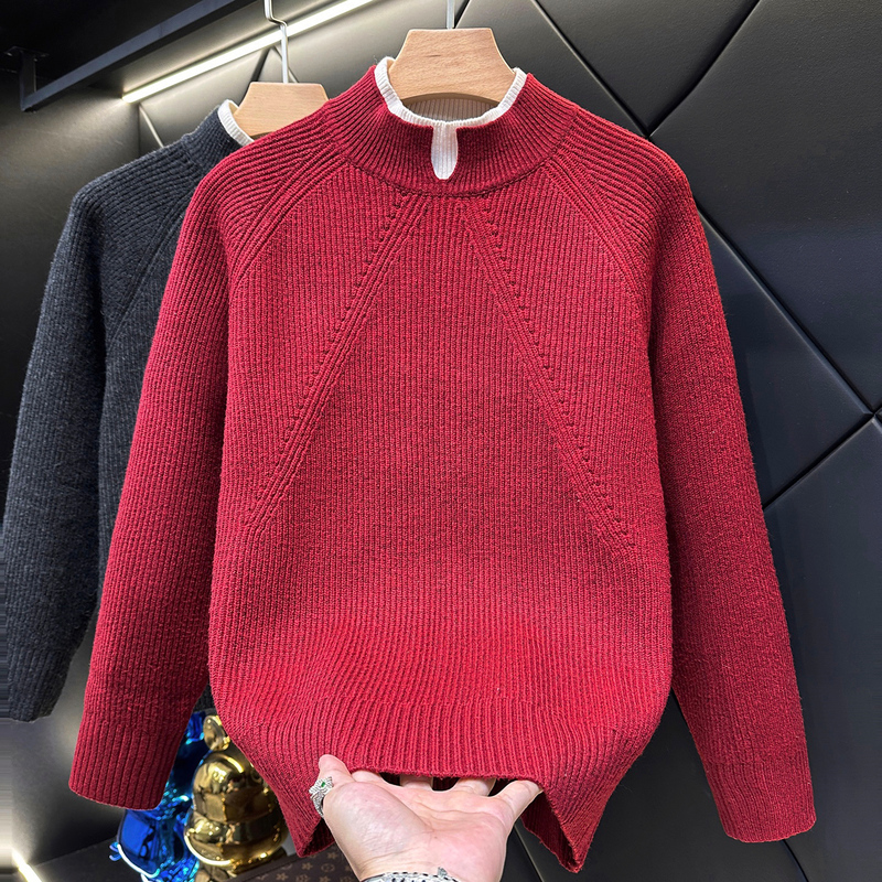 Fake Two-Piece Red Half-Turtleneck Sweater for Men, New Year Outfit, Heavyweight High-End Feel, Warm Base Knitwear Fake Two-Piece Red Half-Turtleneck Sweater for Men, New Year Outfit, Heavyweight High-End Feel, Warm Base Knitwear