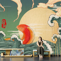 New Chinese style national trend background wallpaper koi crane script killing wallpaper barbecue hot pot restaurant skewers restaurant mural