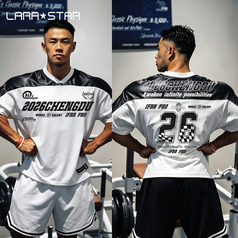 Laura Star 1626 Global Retro Mesh Football Reflective Patchwork Short Sleeve Summer Fitness Loose Fit T-Shirt Laura Star 1626 Global Retro Mesh Football Reflective Patchwork Short Sleeve Summer Fitness Loose Fit T-Shirt