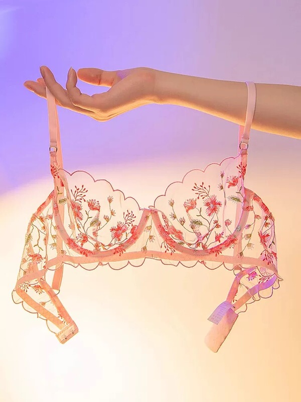 French-Style Sexy Lingerie for Women, Thin, Large Bust Minimizing, Lace Transparent Bra, Anti-Sagging, Pink Bra and Panty Set