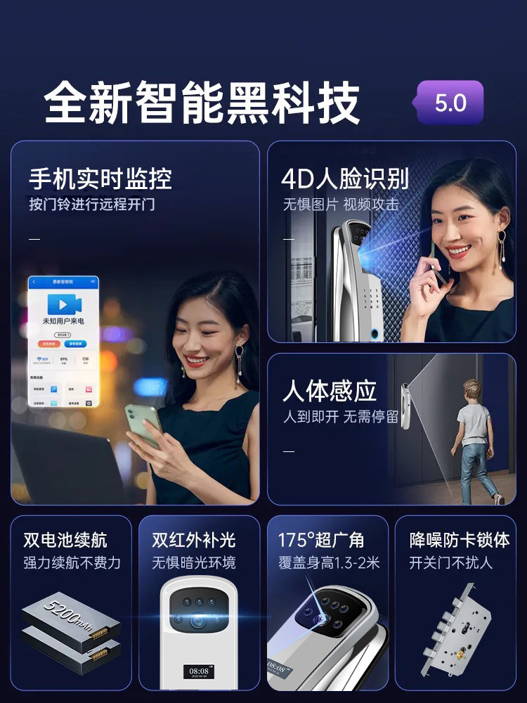 Chen Guangdeli's New Facial Recognition Fingerprint Lock with Swipe Card Password for Home Use, Fully Automatic Visual Peephole Smart Door Lock