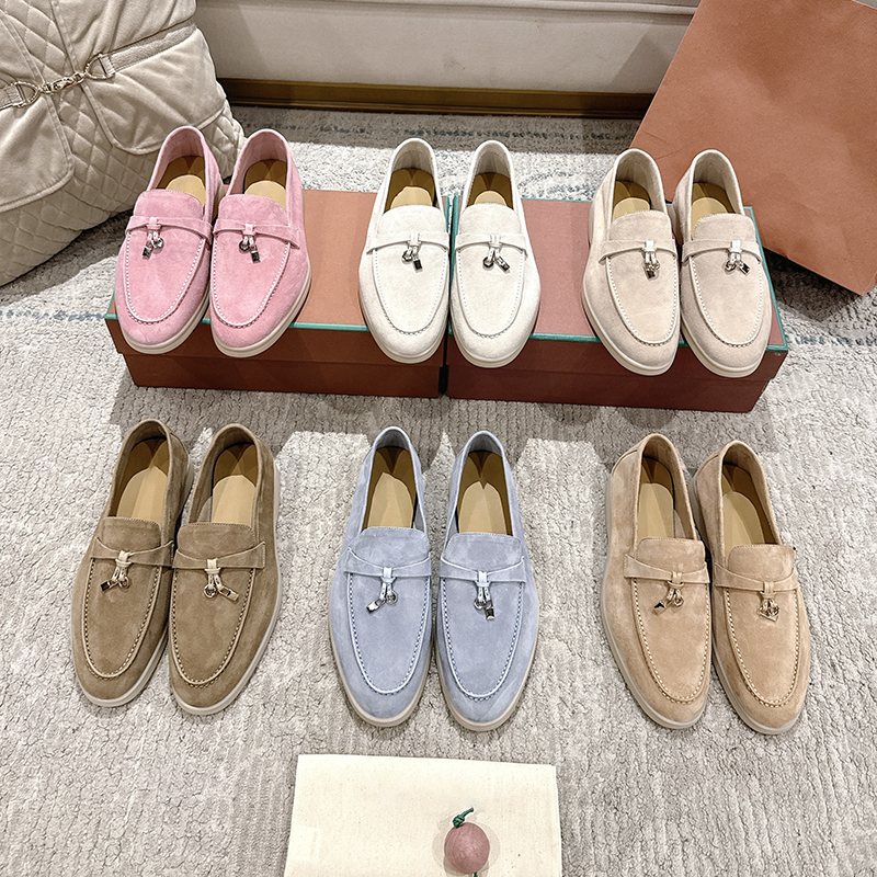 2026 Spring and Autumn New Old Money Style Lp Suede Loafers Women's Flat Casual White Sole Slip-On Lazy Shoes