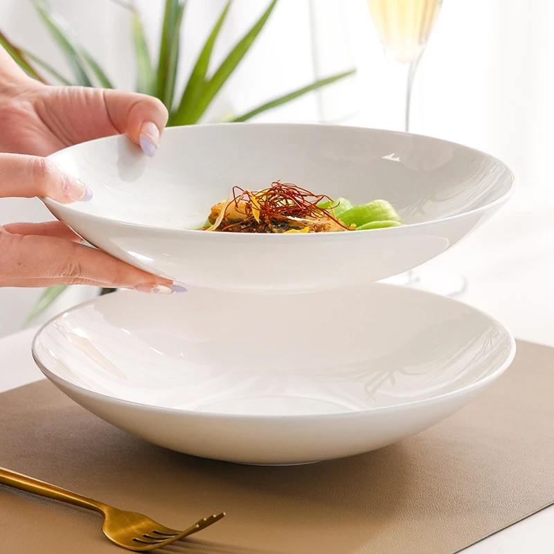 Deep Moonlight Soup Plate, Conical Household Cooking Plate, Microwaveable, Pure White, High Aesthetic Bone China Open Plate Tableware