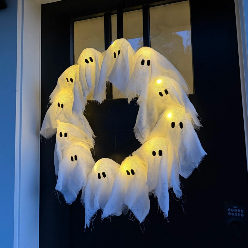 Halloween Glowing Ghost Wreath Door Hanging Halloween Atmosphere Home Window Decoration Props Wall Hanging Decorations