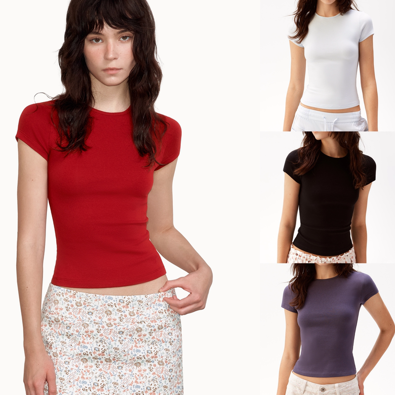 Redolence【Sun Leyan's Style】Red T-Shirt for Women, Summer, Tight-Fitting, Comfortable, Short-Sleeved Base Shirt Top