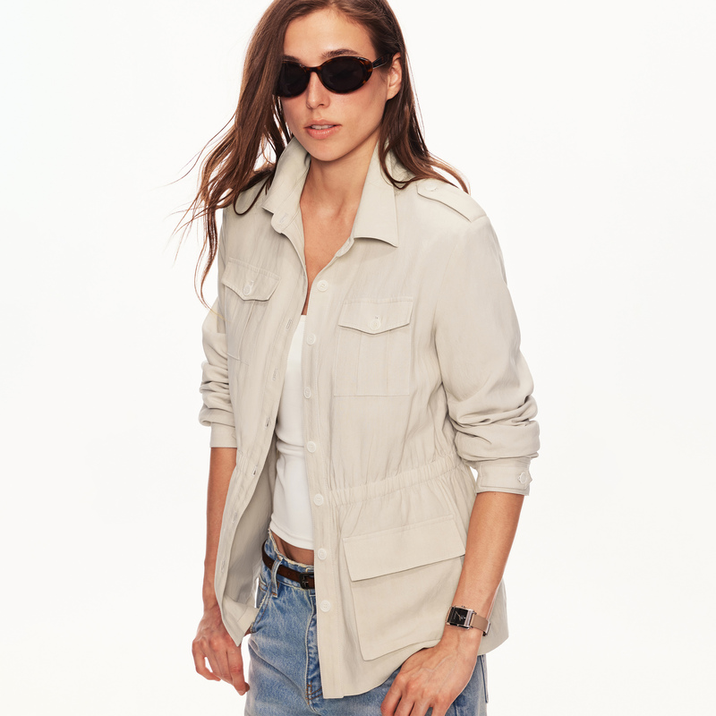 Redolence Classic Safari Workwear Jacket for Women, Autumn 100% Lyocell Multi-Pocket Waist-Cinched Shirt Top