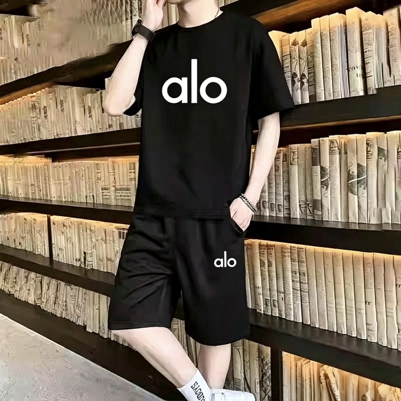 Alo Sports Suit Men's New Summer Style Pure Cotton Loose Breathable Casual Short-Sleeved T-Shirt Running Shorts Two-Piece Set