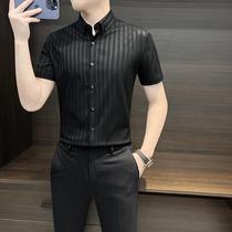 Striped shirt mens short-sleeved summer ice silk 2024 new style handsome business mens high-end summer shirt mens style