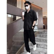 A niche non-contrasting suit mens short-sleeved shirt ice silk drapey trousers high-end cool and handsome paired with a complete set of summer clothes