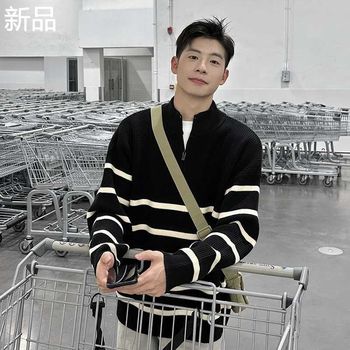 Black and white striped stand collar half zipper sweater for men in autumn and winter lazy casual j loose lazy style pullover knit sweater new product