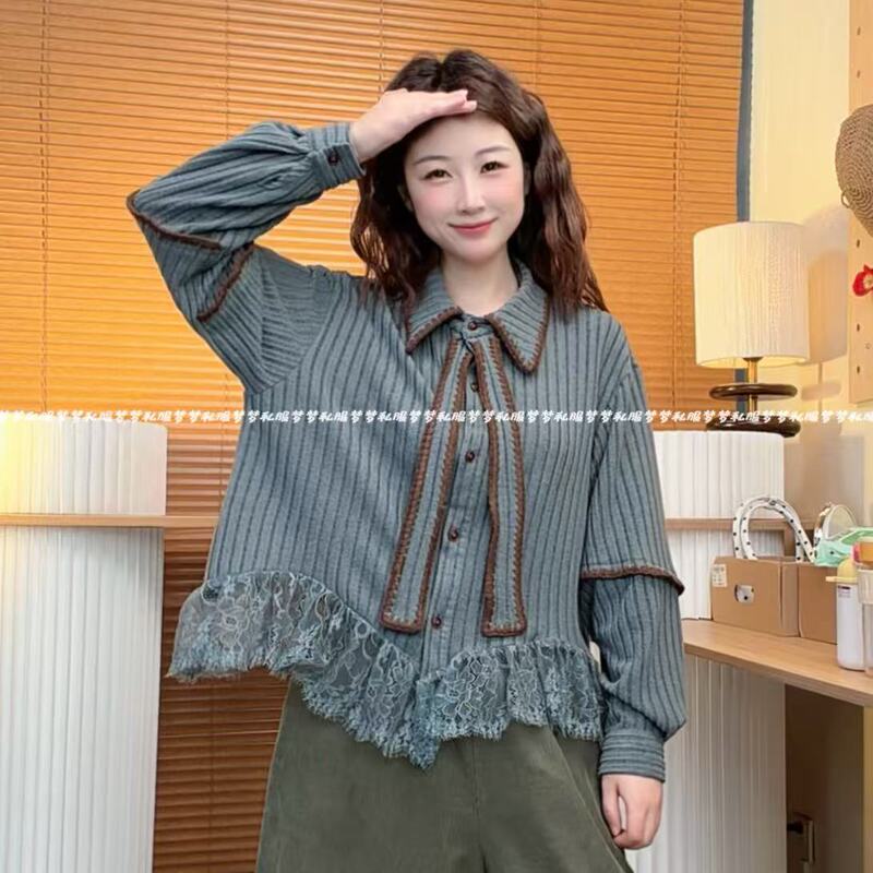 Mengmeng's "Very Beautiful" Forest-Style Lace Patchwork Striped Vintage Color-Blocked Bow Tie Lapel Design Shirt
