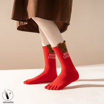 VALVOELITE Red Zodiac Year Sports Socks Womens Thin Velvet Breathable Split Toe Mid-Tube Socks Three-dimensional Embroidered Socks