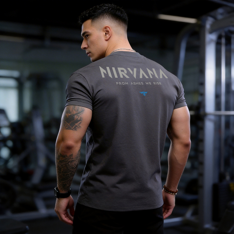 ins Summer Men's Short-Sleeve T-Shirt American Style Printed Cuffed Sleeves Enhancing Strength Regular Shoulder Fitness Training Outdoor Half-Sleeve T-Shirt