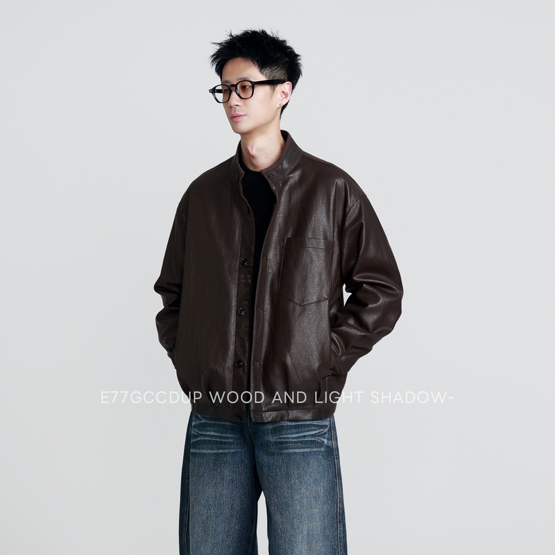 E77.Gccdup「Rilke」Vegetable-Tanned Metallic Protein Leather Stand-Collar Silhouette Jacket Casual Leather Coat E77.Gccdup「Rilke」Vegetable-Tanned Metallic Protein Leather Stand-Collar Silhouette Jacket Casual Leather Coat