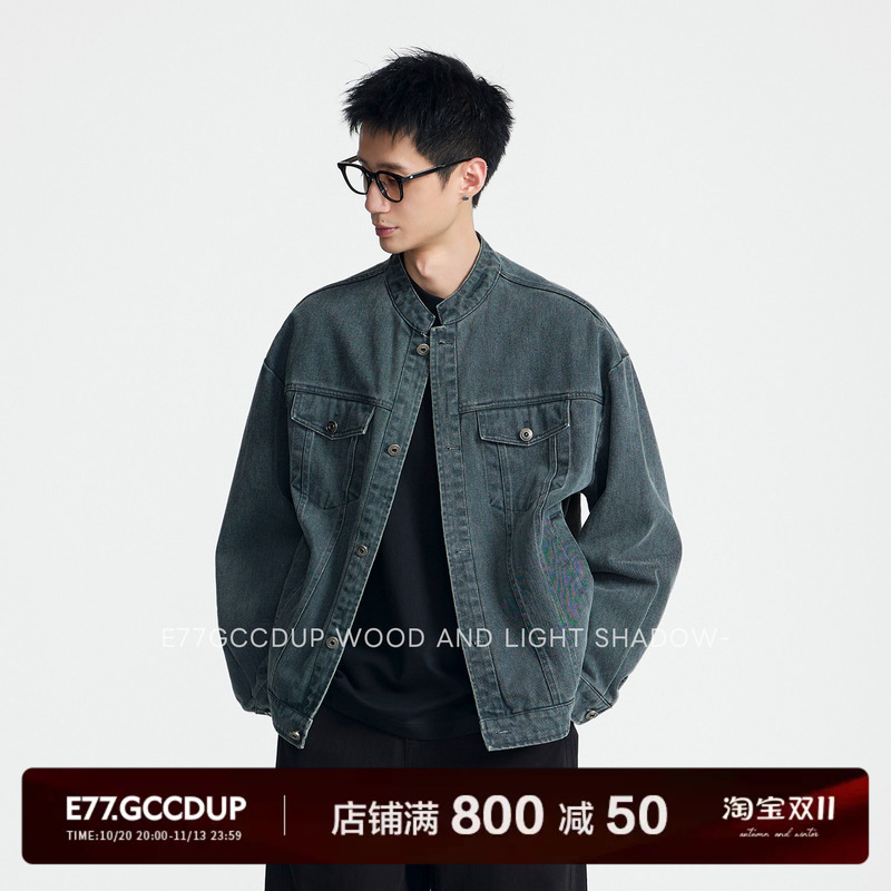 E77 `Ochre Bleed` 100% Cotton Plant-Dyed Stone-Washed Vintage Casual Denim Jacket