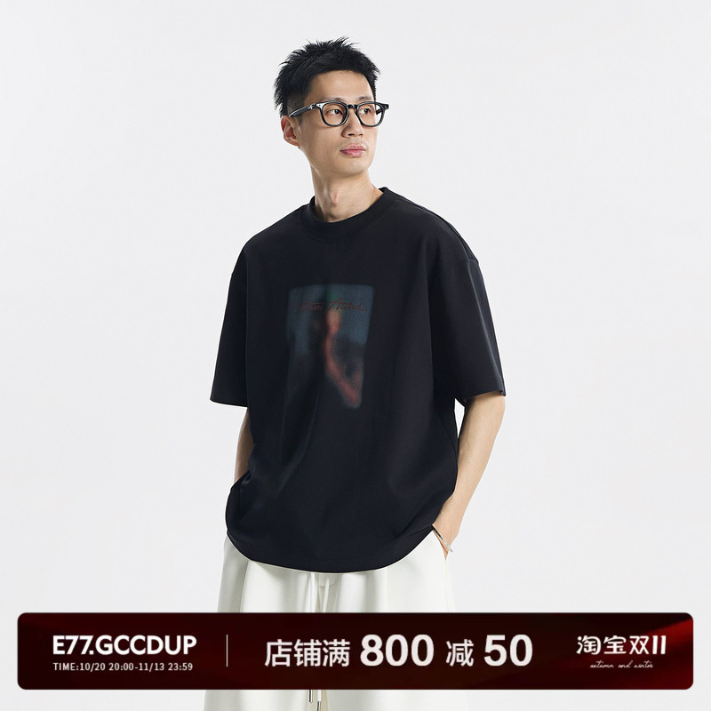 E77Gccdup『Jiuli』Heavyweight 300g Double Yarn Combed Cotton Water-Soluble Ink Printed Fashion Casual Short-Sleeved T-Shirt
