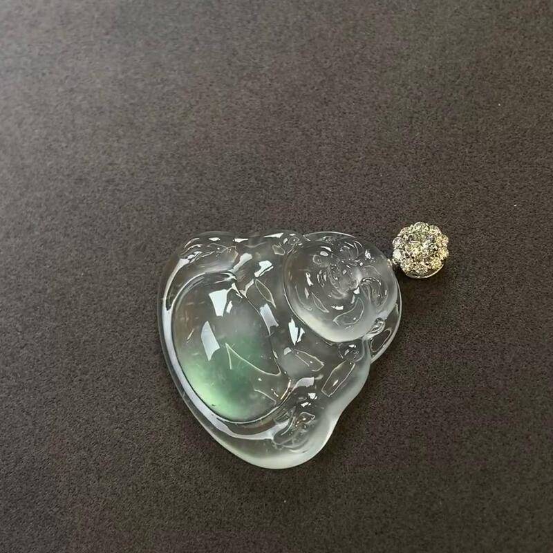 Ice-Type Jade Pendant with Floating Flowers, Natural Burmese Genuine A-Grade Ice-Clear Jade with Floating Green Flowers and Smiling Face, Jade Buddha Necklace for Women Ice-Type Jade Pendant with Floating Flowers, Natural Burmese Genuine A-Grade Ice-Clear Jade with Floating Green Flowers and Smiling Face, Jade Buddha Necklace for Women