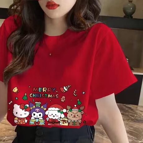 Christmas Element Red Short-Sleeved T-Shirt for Women 2025 New Cartoon Cute Loose Large Size Christmas Top