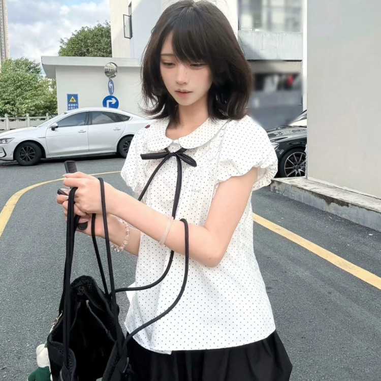 Japanese-Style Gentle Preppy Style Doll Collar White Polka Dot Shirt Paired with Slimming Black Puff Skirt Short Skirt Three-Piece Set Japanese-Style Gentle Preppy Style Doll Collar White Polka Dot Shirt Paired with Slimming Black Puff Skirt Short Skirt Three-Piece Set