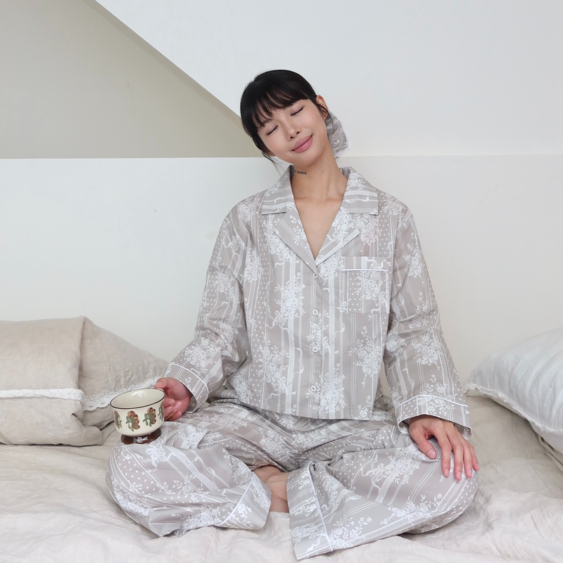 Pain Perdu Retro Lace Polka Dot Print Lace Patchwork Shirt Loungewear Set