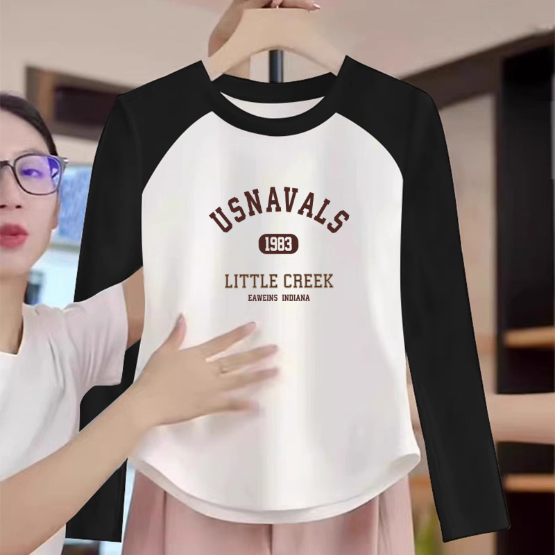 Thirteen Rows Women's Cotton Long-Sleeve T-Shirt, 2026 Autumn/Winter New Style, Slimming Design with Patchwork, Stylish Top