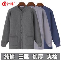 Middle-aged and elderly mens warm tops three-layer thickened pure cotton cardigan buttoned plus fat large size old-fashioned extra thick cotton jacket