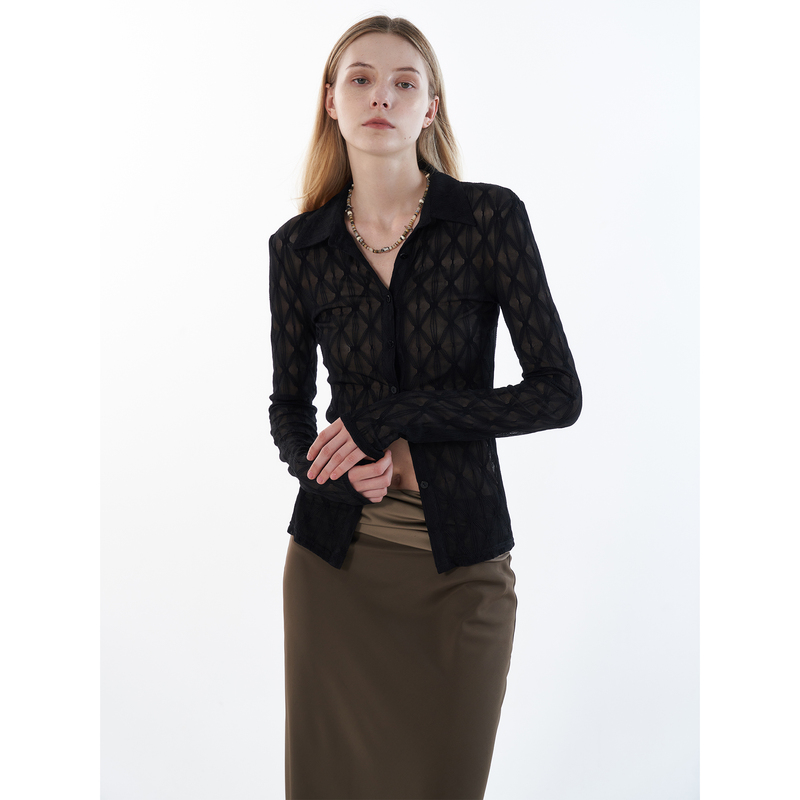 Rollingage New Summer Knitted Lace Shirt Long-Sleeved Base Layer Slightly See-Through Hollow Slimming Top