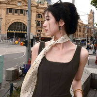 French retro beige satin polka dot silk scarf, fashionable, foreign-style, high-end long scarf, 2025 new accessories