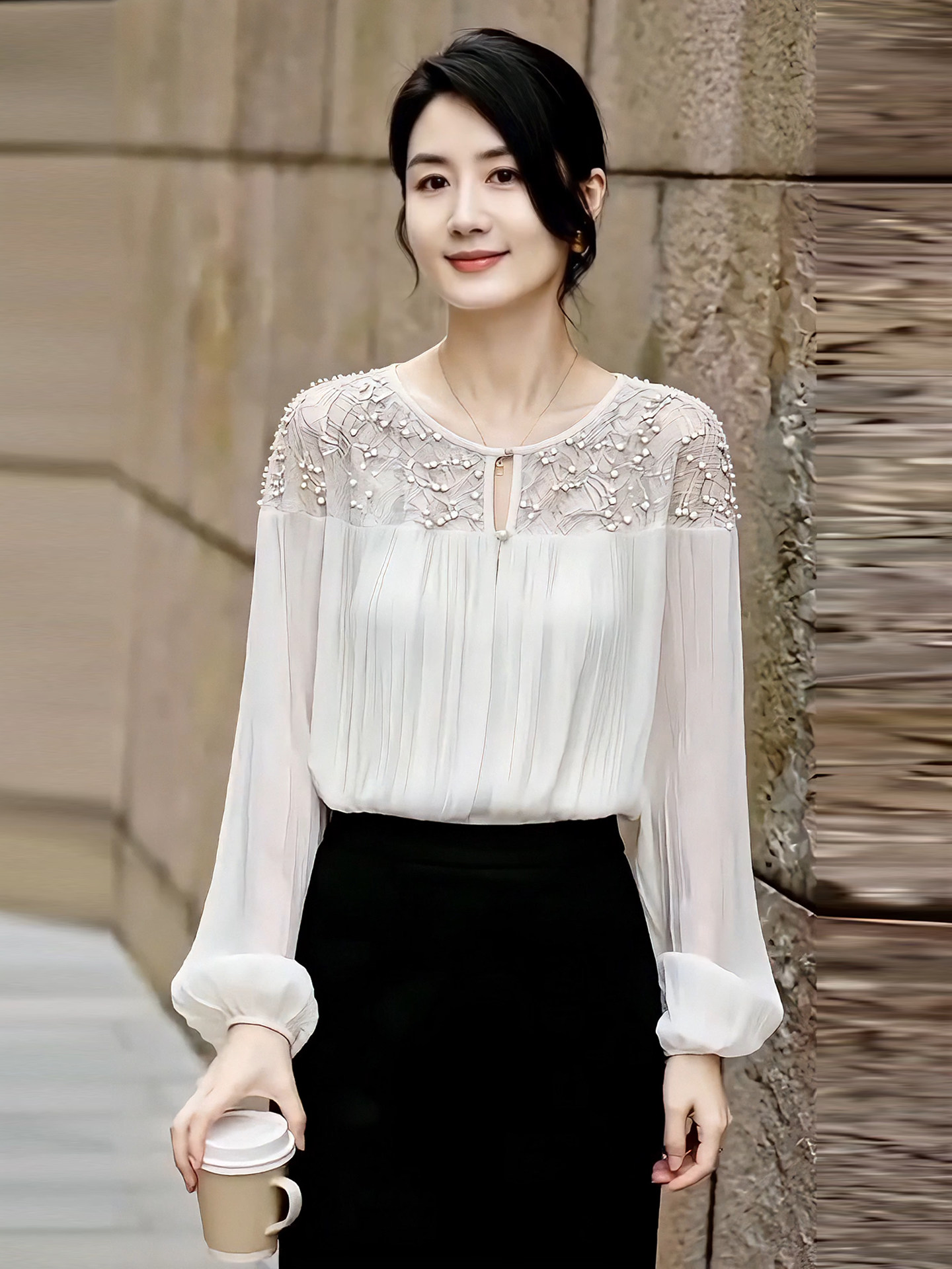 French-Style White Lace Patchwork Beaded Long-Sleeve Shirt for Women, 2026 Autumn New Style, Elegant Round-Neck Blouse, Light and Mature Top