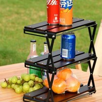 Outdoor camping stainless steel three-layer folding storage rack portable multi-functional desktop retractable wooden storage rack