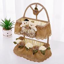High-end cute couple bear wall hanging basket entryway storage basket key rack fabric storage basket remote control basket lace storage