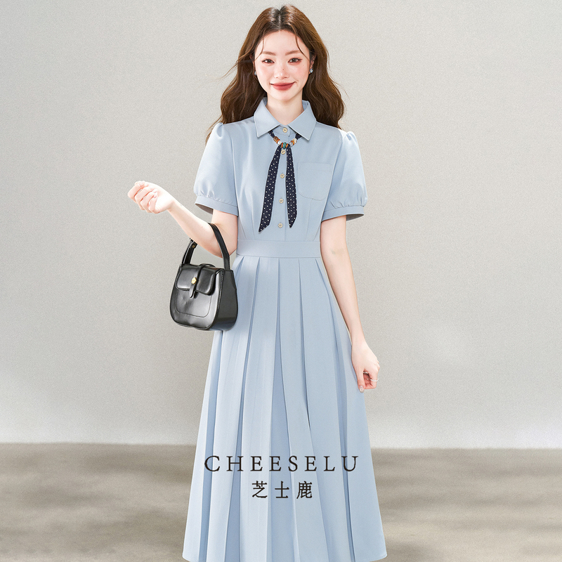 Cheese Deer Summer New Style Workplace Commuting Interview Outfit French Academy Style Waist-Cinching Short-Sleeve Shirt Dress for Women